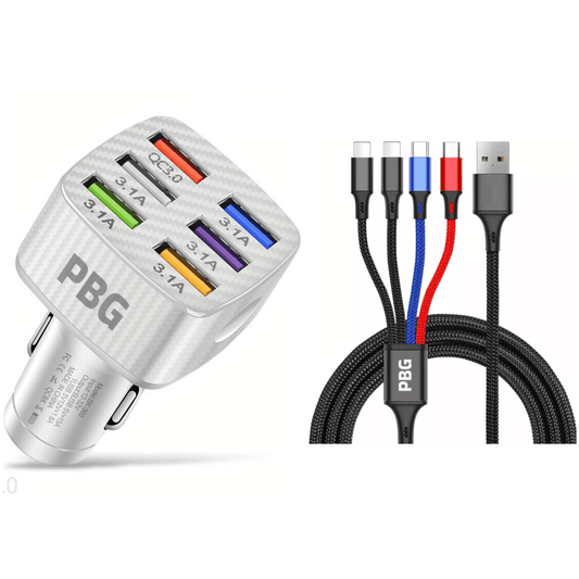 PBG LED 6 Port Car Charger and 4 in 1 Nylon Charging Cable Bundle