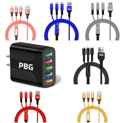 PBG 5 Port LED Wall Charger and 3 in 1 Nylon Charging Cable Bundle